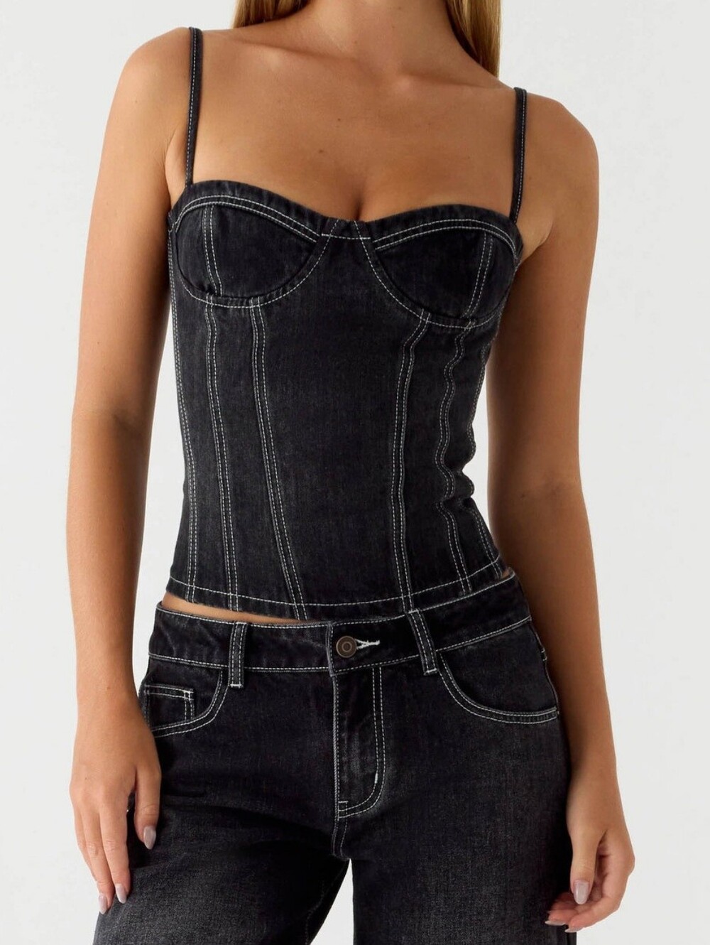 Peppermayo Black Denim Corset Top with Matching High-Rise Jeans